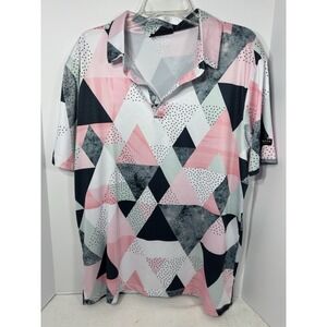 Yatta Golf Mens‎ L Polo Shirt Birdie Dropper Pink Black White Triangles Stretch